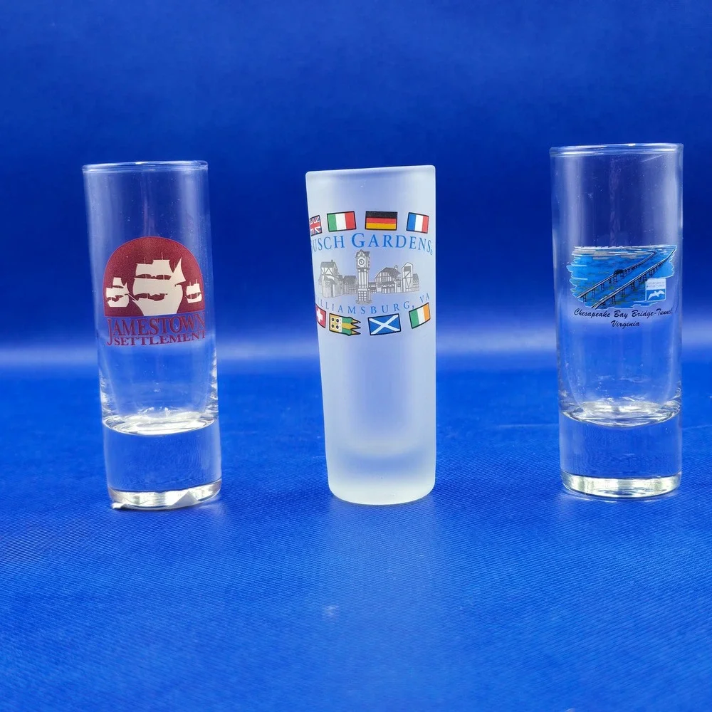 Virginia Souvenir 3 Shot Glass Set Busch Gardens Jamestown Chesapeake Bay Bridge